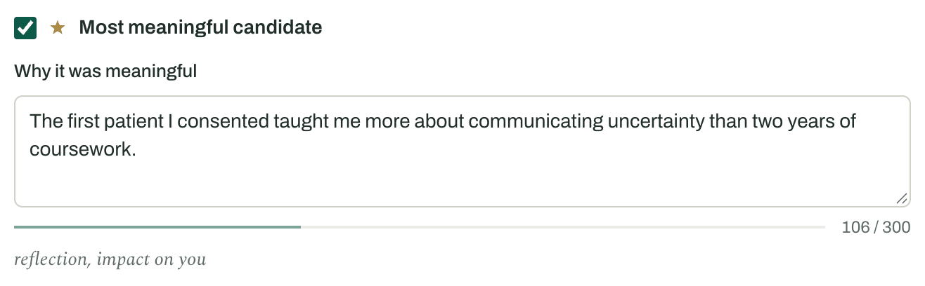 The most-meaningful star checkbox, checked, above the reflection field and its live counter at 106 of 300 characters.